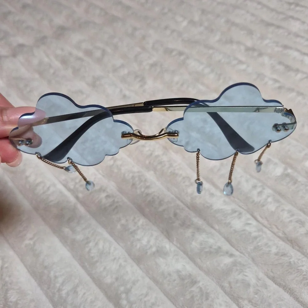 Blue Cloud Shaped Rimless Sunglasses with Raindrop‎ Charms Festival Y2K Eyewear